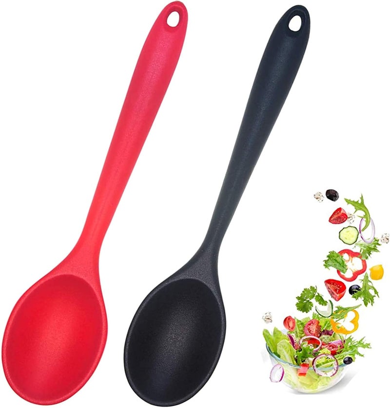 Ecerangus 2 Pcs Silicone Nonstick Mixing Spoon, 10.6Inch Silicone Spoons for Cooking Heat Resistant, Cooking Utensil for Kitchen Cooking Baking Stirring Serving (Red,Black) - Image 1