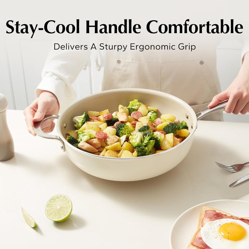 Redchef مقلاة سيراميك مع غطاء، مقلاة عميقة غير لاصقة، طباخ عملاق سعة 5QT مع مقبض مساعد وغطاء، مقلاة طهي غير سامة، مقلاة شيف، آمنة في غسالة الصحون والفرن، خالية من PFAS وPFOA وPTFE - Image 3