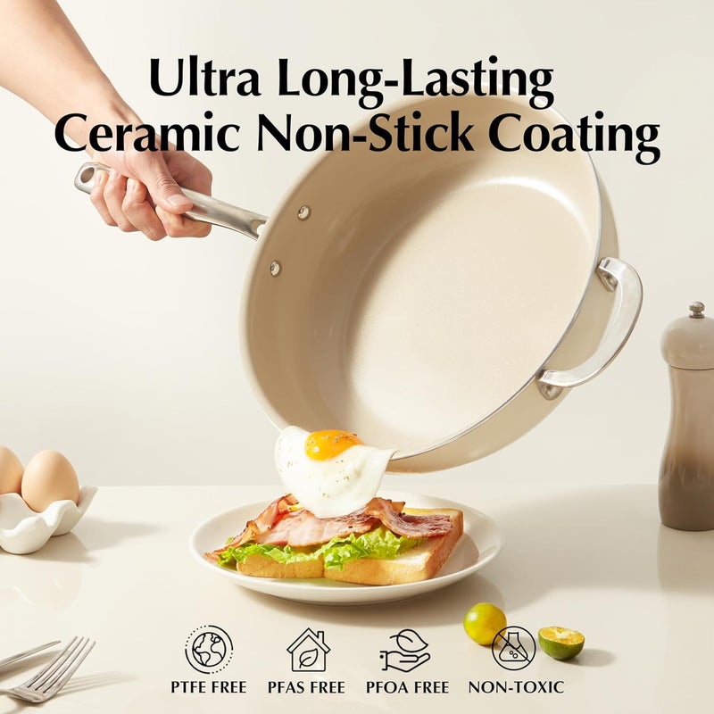 Redchef مقلاة سيراميك مع غطاء، مقلاة عميقة غير لاصقة، طباخ عملاق سعة 5QT مع مقبض مساعد وغطاء، مقلاة طهي غير سامة، مقلاة شيف، آمنة في غسالة الصحون والفرن، خالية من PFAS وPFOA وPTFE - Image 5