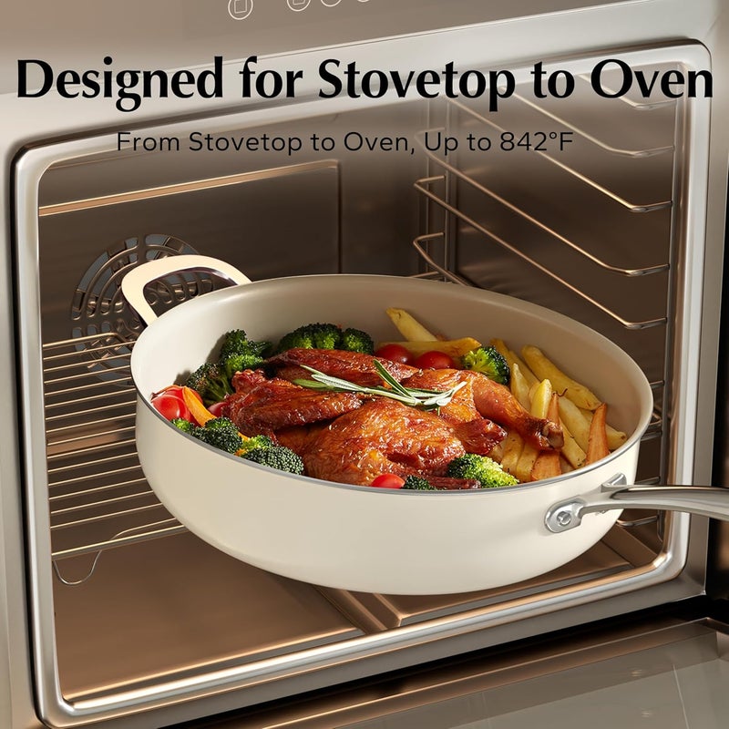 Redchef مقلاة سيراميك مع غطاء، مقلاة عميقة غير لاصقة، طباخ عملاق سعة 5QT مع مقبض مساعد وغطاء، مقلاة طهي غير سامة، مقلاة شيف، آمنة في غسالة الصحون والفرن، خالية من PFAS وPFOA وPTFE - Image 2