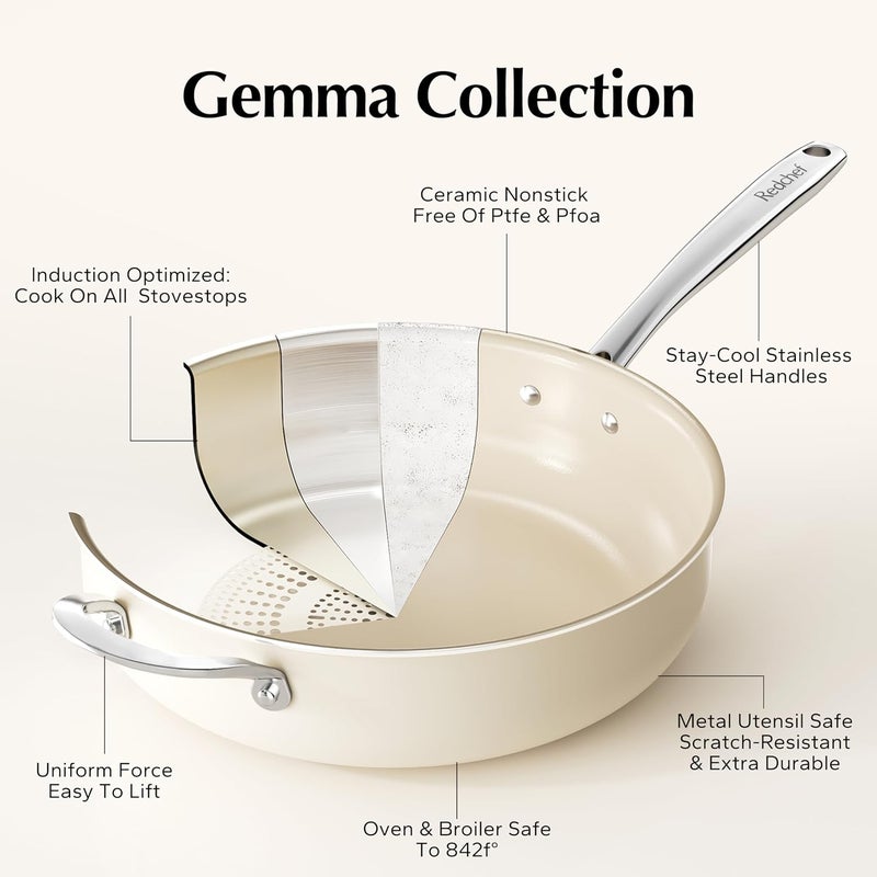 Redchef مقلاة سيراميك مع غطاء، مقلاة عميقة غير لاصقة، طباخ عملاق سعة 5QT مع مقبض مساعد وغطاء، مقلاة طهي غير سامة، مقلاة شيف، آمنة في غسالة الصحون والفرن، خالية من PFAS وPFOA وPTFE - Image 4