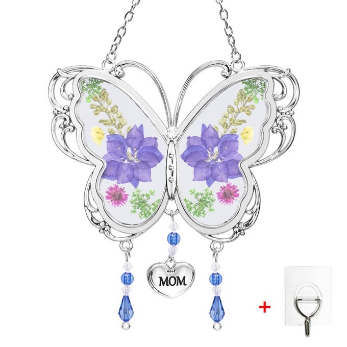 Crystal Butterfly Suncatcher with Pressed Flower Wings Mothers Day Butterfly Glass Wind Chime Ornament Charm with Metal Heart Happy Birthday Gifts for Mom with Free Hook Mom