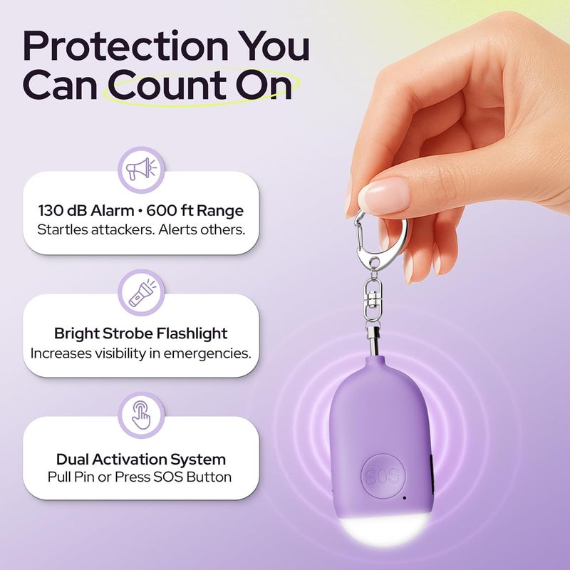 WETEN Rechargeable Personal Alarm Keychain - 130dB Siren & LED Light - Stylish Personal Safety Alert for Women to Carry - Panic Button Alarm for Security - Rape Whistle for Self Defense (Purple) - Image 2