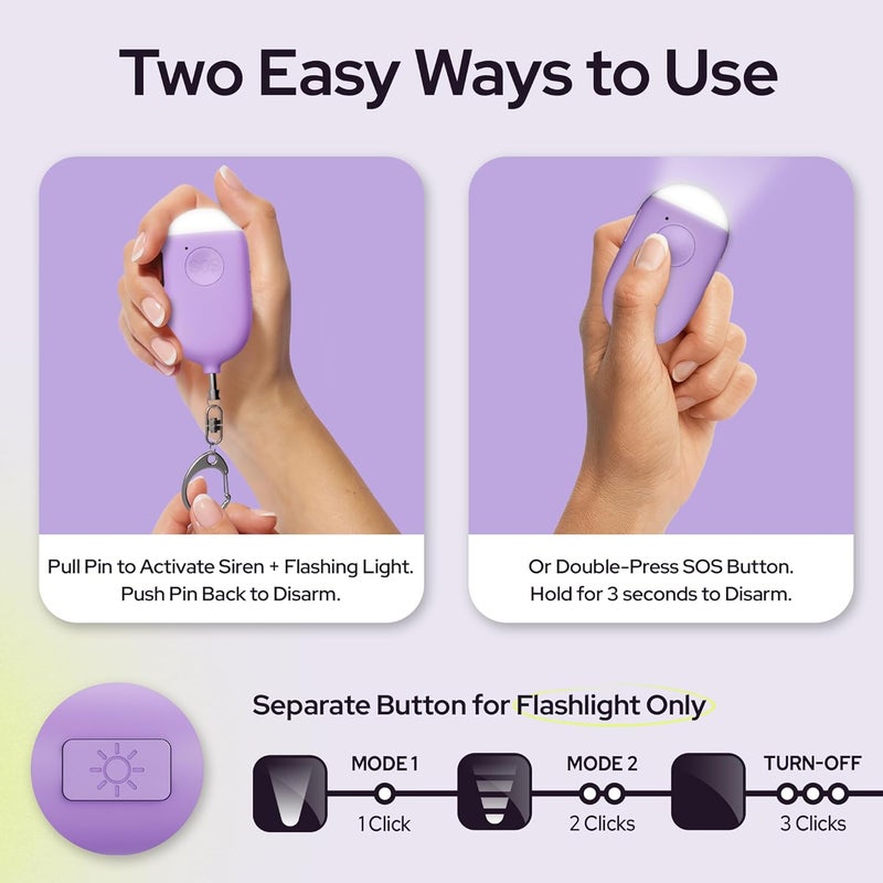 WETEN Rechargeable Personal Alarm Keychain - 130dB Siren & LED Light - Stylish Personal Safety Alert for Women to Carry - Panic Button Alarm for Security - Rape Whistle for Self Defense (Purple) - Image 3