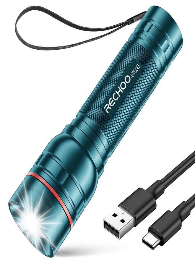 RECHOO Rechargeable Flashlight 1 Pack, Bright Military Grade Torch Light High Lumens with Adjustable Focus & 3 Lighting Modes, Lightweight Waterproof Led Flashlight for Camping Home, Teal Blue - Image 1