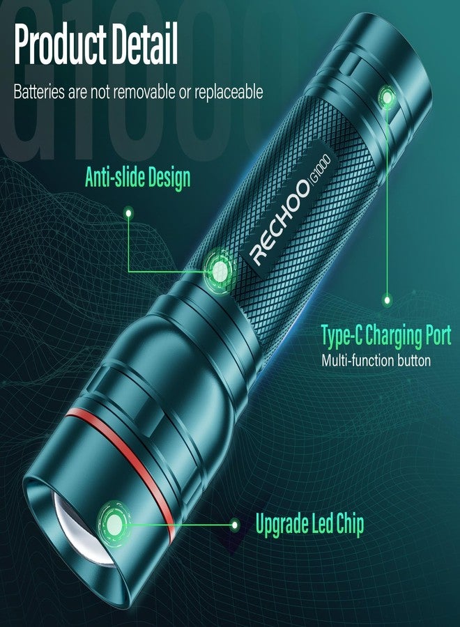 RECHOO Rechargeable Flashlight 1 Pack, Bright Military Grade Torch Light High Lumens with Adjustable Focus & 3 Lighting Modes, Lightweight Waterproof Led Flashlight for Camping Home, Teal Blue - Image 4