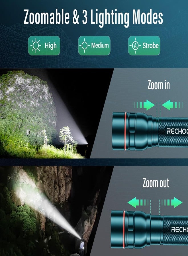 RECHOO Rechargeable Flashlight 1 Pack, Bright Military Grade Torch Light High Lumens with Adjustable Focus & 3 Lighting Modes, Lightweight Waterproof Led Flashlight for Camping Home, Teal Blue - Image 3