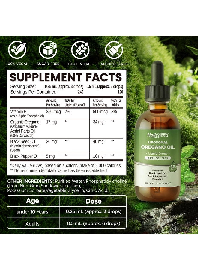 HOLLEGEND Liposomal Oregano Oil Liquid Drops, Organic Oil of Oregano Carvacrol for Kids & Adults, with Black Seed & Black Pepper Oil,Immune and Digestive System Support, Alcohol-Free, 60ML/2 Fl Oz - Image 2