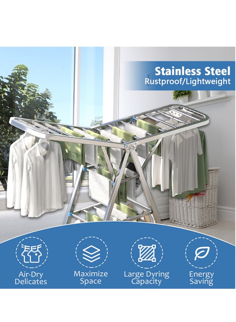 3 Tier Clothes Drying Rack, Folding Stainless Steel Laundry Drying Rack For Drying Clothing Indoor Outdoor, with Height-Adjustable Wings, 33 Drying Rails  - Image 3