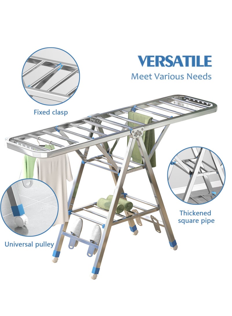 3 Tier Clothes Drying Rack, Folding Stainless Steel Laundry Drying Rack For Drying Clothing Indoor Outdoor, with Height-Adjustable Wings, 33 Drying Rails  - Image 5