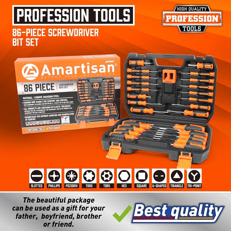 Amartisan 86-Piece Magnetic Screwdrivers Set with Case, Includs Slotted, Phillips, Hex, Pozidriv,Torx and Precision Screwdriver Set, Magnetizer Demagnetizer Tools, Tools for Men - Image 2