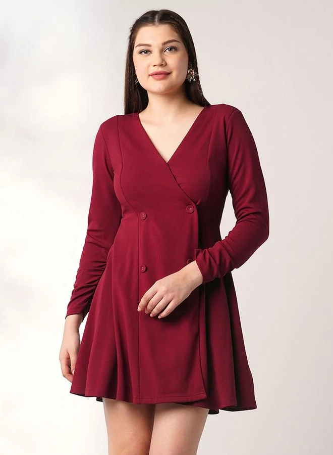 Maroon Wrap Neck A-Line Mini Dress