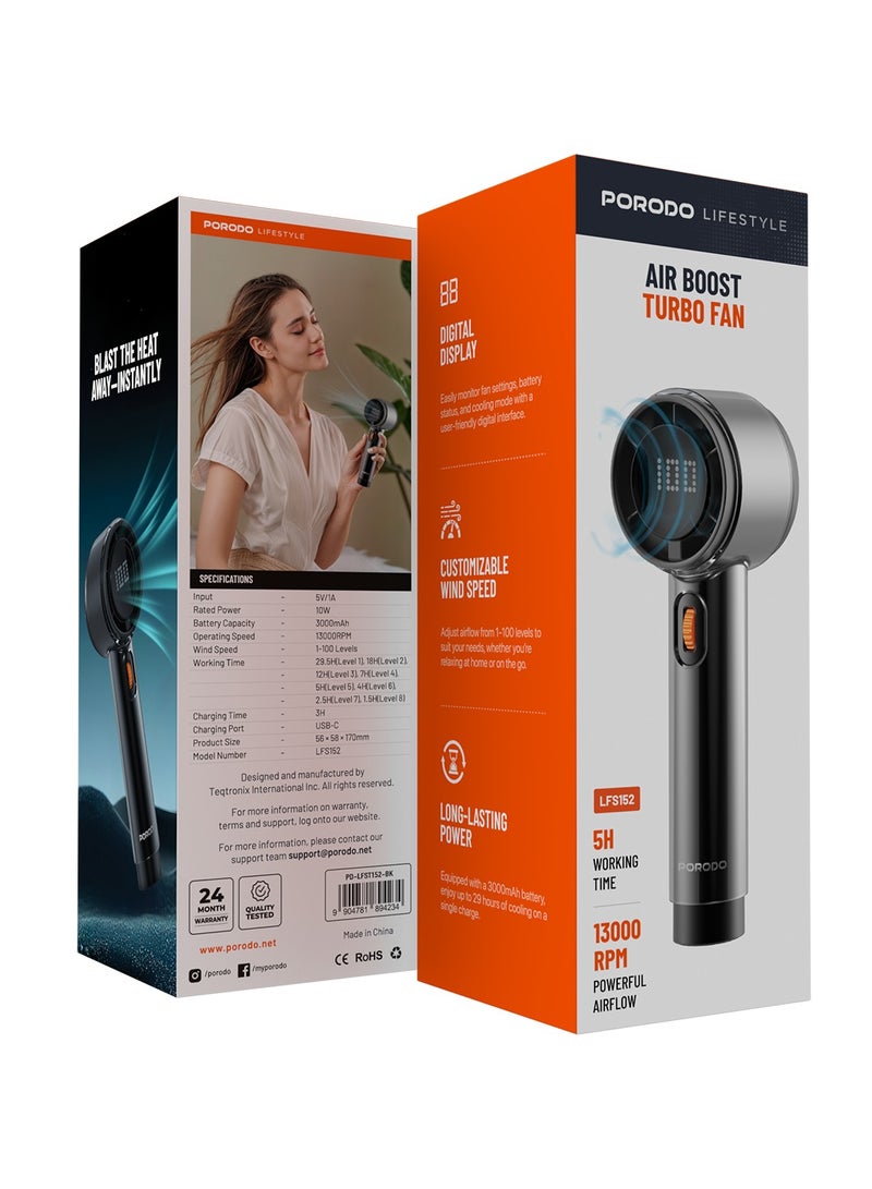 بورودو مروحة Air Boost Turbo مع شاشة رقمية وتدفق هواء قوي بسرعة 13000 دورة في الدقيقة، سرعة رياح قابلة للتخصيص، قابلة لإعادة الشحن، تبريد فعال، مروحة يدوية للمنزل أو أثناء التنقل - أسود - Image 4