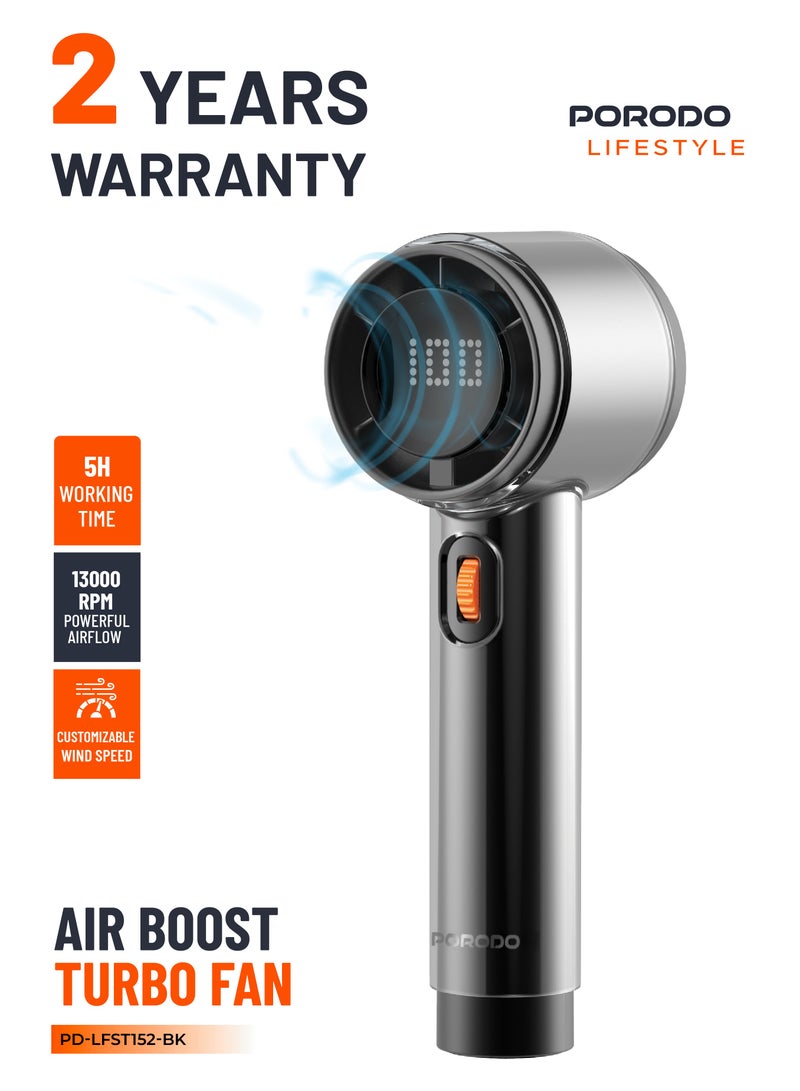 بورودو مروحة Air Boost Turbo مع شاشة رقمية وتدفق هواء قوي بسرعة 13000 دورة في الدقيقة، سرعة رياح قابلة للتخصيص، قابلة لإعادة الشحن، تبريد فعال، مروحة يدوية للمنزل أو أثناء التنقل - أسود - Image 1
