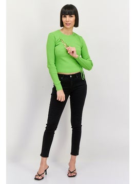 Asos Design Women Crew Neck Long Sleeve Cut Out Top, Green  - Image 3