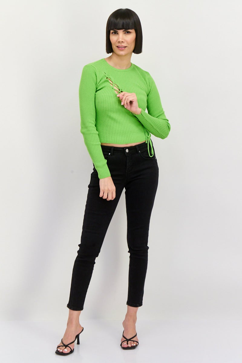 Asos Design Women Crew Neck Long Sleeve Cut Out Top, Green - Image 3