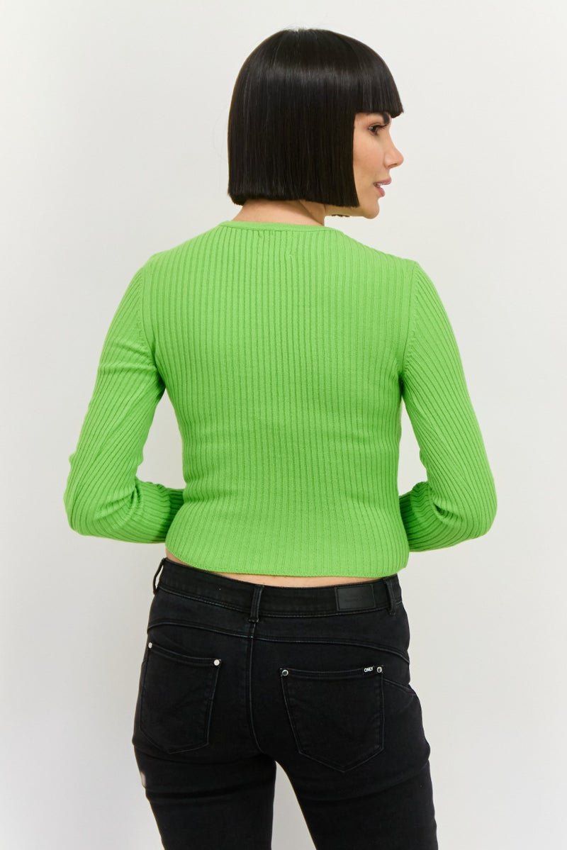 Asos Design Women Crew Neck Long Sleeve Cut Out Top, Green - Image 4