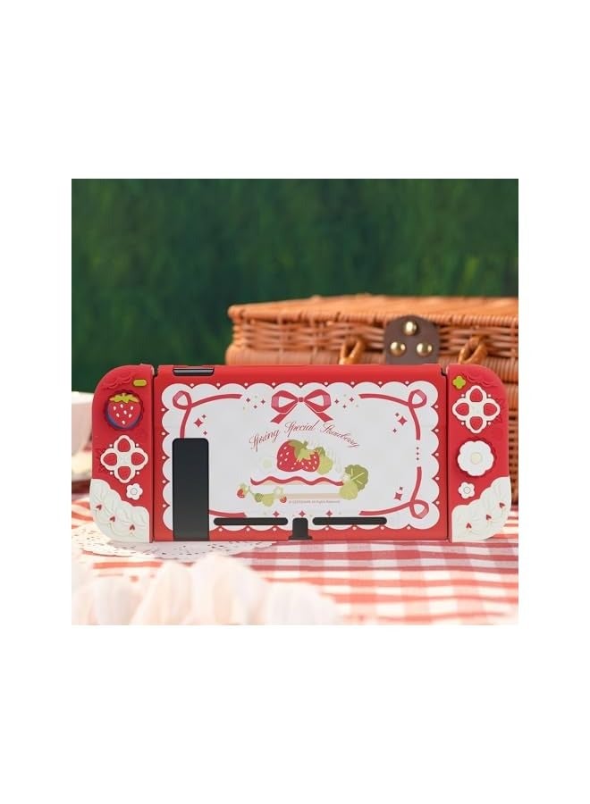 بروماس حافظة واقية لجهاز سويتش غطاء نحيف متوافق مع نينتندو سويتش غطاء حماية من السيليكون الناعم القابل للفصل لجهاز جوي كون مع غطاءين لمقبض الإبهام - فراولة الربيع الخاصة - Image 4