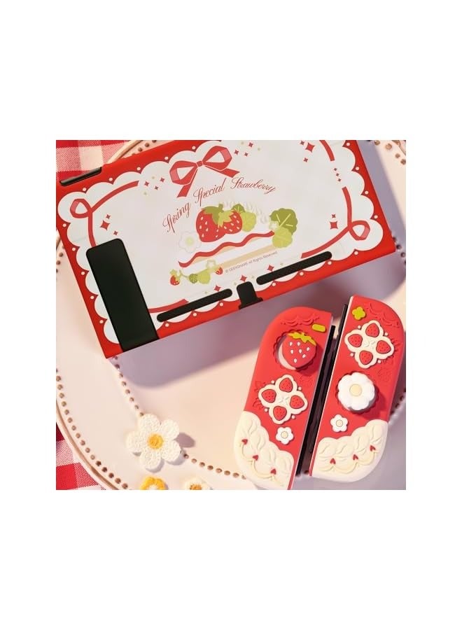 بروماس حافظة واقية لجهاز سويتش غطاء نحيف متوافق مع نينتندو سويتش غطاء حماية من السيليكون الناعم القابل للفصل لجهاز جوي كون مع غطاءين لمقبض الإبهام - فراولة الربيع الخاصة - Image 5