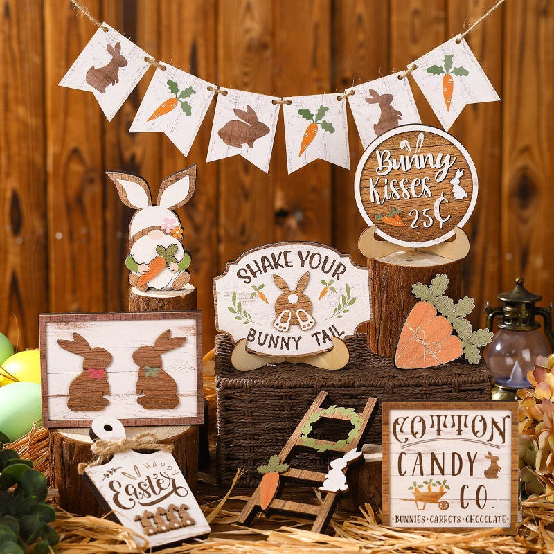 Amyhill 14 Pcs Easter Tiered Tray Decor Set Farmhouse Bunny Carrot Wooden Signs Rustic Spring Tiered Tray Decor Easter Table Decorations for Home Kitchen Coffee Bar Shelf - Image 4
