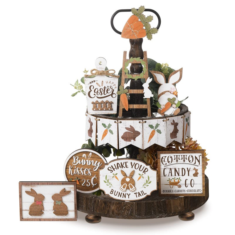 Amyhill 14 Pcs Easter Tiered Tray Decor Set Farmhouse Bunny Carrot Wooden Signs Rustic Spring Tiered Tray Decor Easter Table Decorations for Home Kitchen Coffee Bar Shelf - Image 1