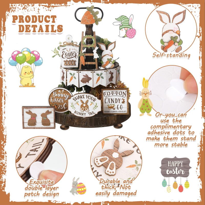 Amyhill 14 Pcs Easter Tiered Tray Decor Set Farmhouse Bunny Carrot Wooden Signs Rustic Spring Tiered Tray Decor Easter Table Decorations for Home Kitchen Coffee Bar Shelf - Image 3