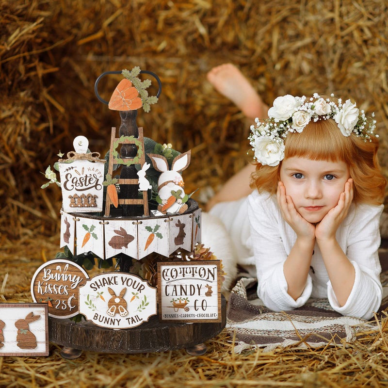 Amyhill 14 Pcs Easter Tiered Tray Decor Set Farmhouse Bunny Carrot Wooden Signs Rustic Spring Tiered Tray Decor Easter Table Decorations for Home Kitchen Coffee Bar Shelf - Image 5