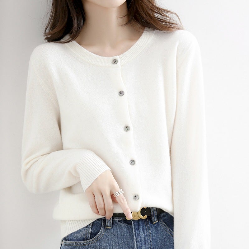 Spring Imitation Wool Cardigan Womens Autumn and Winter Imitation Cashmere Crewneck Sweater All-match Knitted Jacket Solid Color Short Loose White