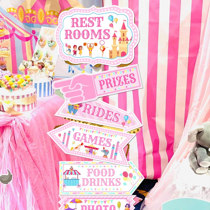 Merrystorm 20Pcs Circus Carnival Party Directional Signs Pink, Circus Carnival Signs, Circus Tent Porch Sign, Carnival Yard Sign for Kids Indoor Outside Carnival Party Supplies - Image 3