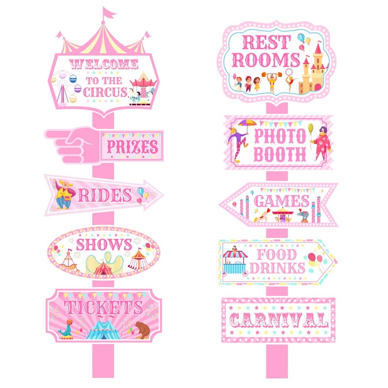 Merrystorm 20Pcs Circus Carnival Party Directional Signs Pink, Circus Carnival Signs, Circus Tent Porch Sign, Carnival Yard Sign for Kids Indoor Outside Carnival Party Supplies - Image 1