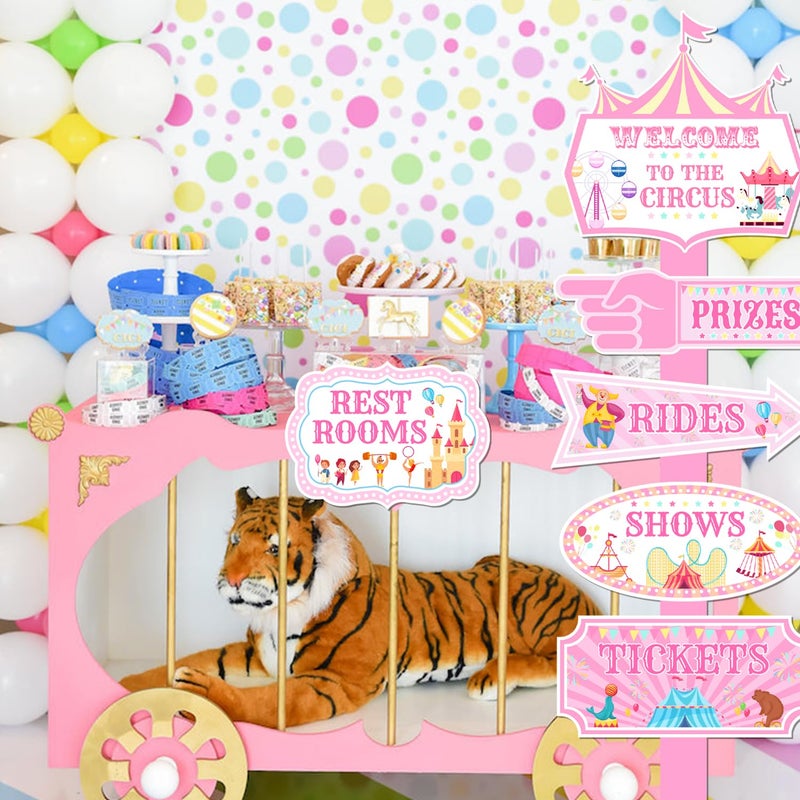 Merrystorm 20Pcs Circus Carnival Party Directional Signs Pink, Circus Carnival Signs, Circus Tent Porch Sign, Carnival Yard Sign for Kids Indoor Outside Carnival Party Supplies - Image 5