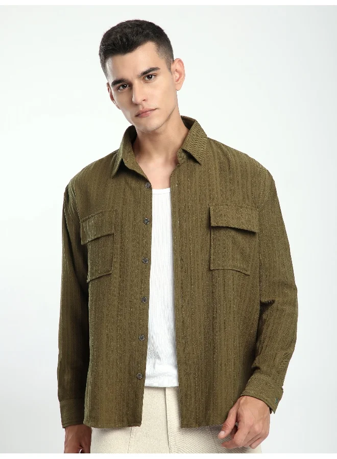 Beyoung Wood Brown Structured Stripe Shirt