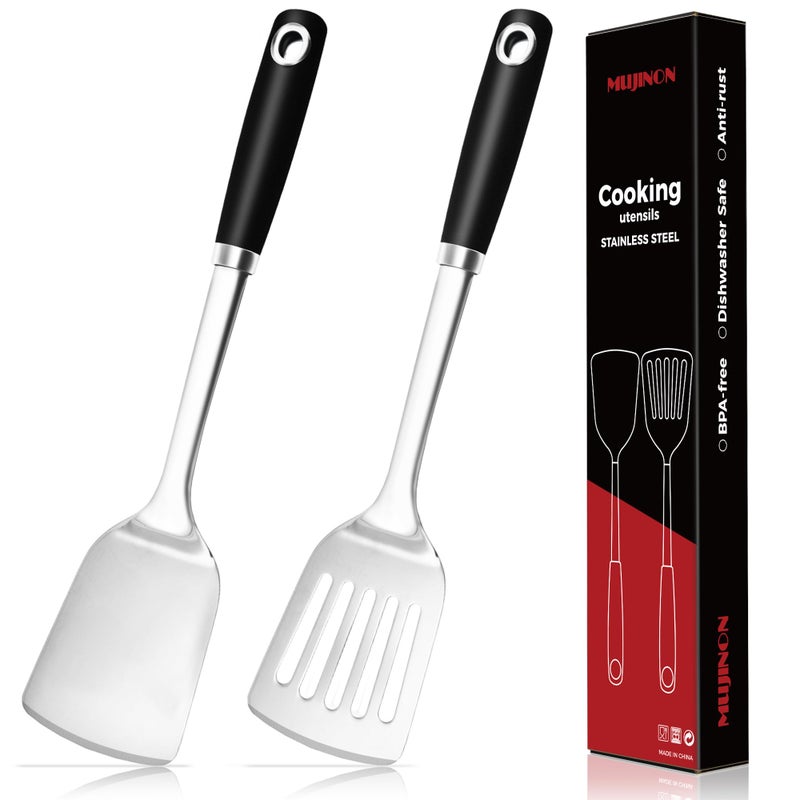 MUJINON 14-in Spatula Set, 18/0 Stianless Steel Heavy Duty Turner & Slotted Spatula, Kitchen Cooking Utensils Set, High Heat Resistant, Grilling Frying Serving Food, Pack of 2 - Image 1