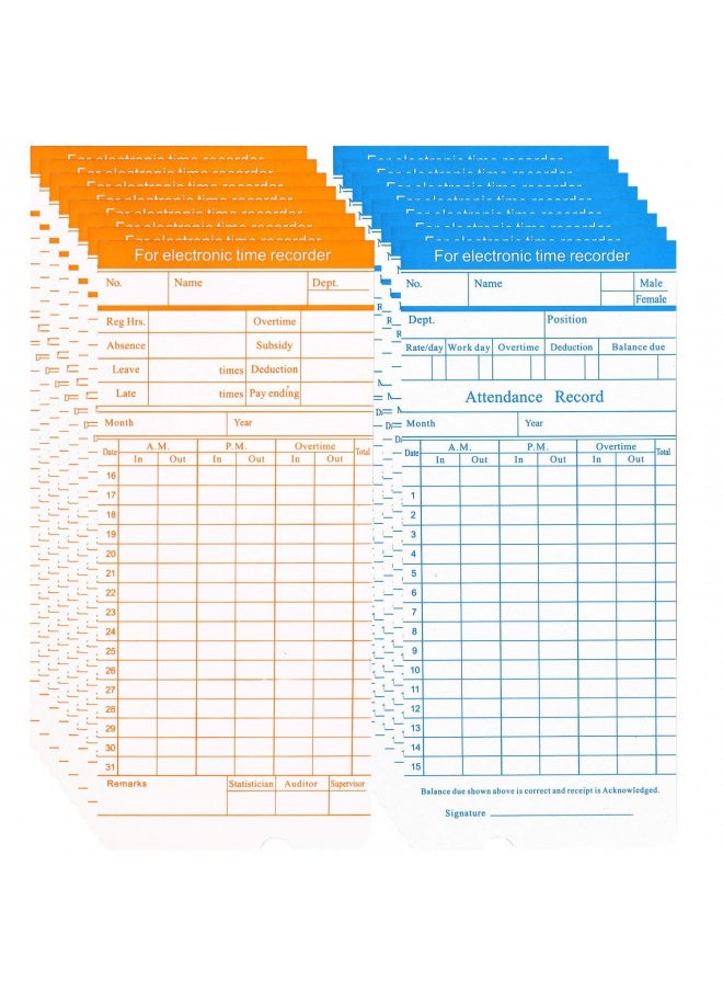 Flexzion Time Cards, Monthly Timesheet, Clock Timecard - 100 Pack, 6 Column 2-Sided Orange/Blue, Card for Time Punch Clock, Employee Attendance, Payroll Recorder, Small Business