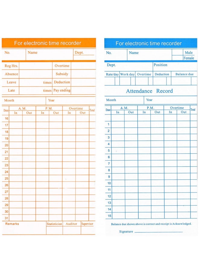 Flexzion Time Cards, Monthly Timesheet, Clock Timecard - 100 Pack, 6 Column 2-Sided Orange/Blue, Card for Time Punch Clock, Employee Attendance, Payroll Recorder, Small Business
