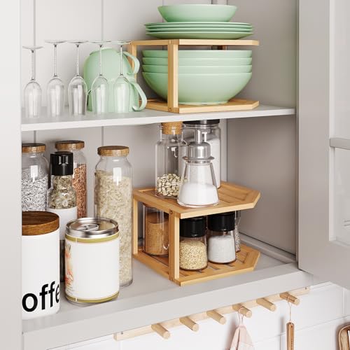 VERTORGAN Bamboo Corner Shelf(2 Pack),2 Tier Plate Organizer for Cabinet and Countertop,Pantry Dish and Spice Rack for Kitchen - Image 2