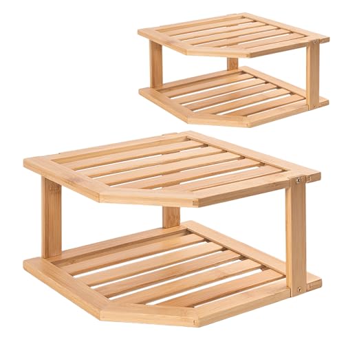VERTORGAN Bamboo Corner Shelf(2 Pack),2 Tier Plate Organizer for Cabinet and Countertop,Pantry Dish and Spice Rack for Kitchen - Image 1