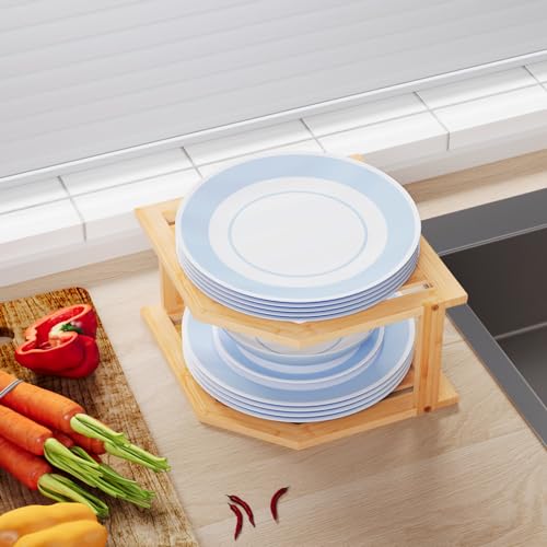 VERTORGAN Bamboo Corner Shelf(2 Pack),2 Tier Plate Organizer for Cabinet and Countertop,Pantry Dish and Spice Rack for Kitchen - Image 5