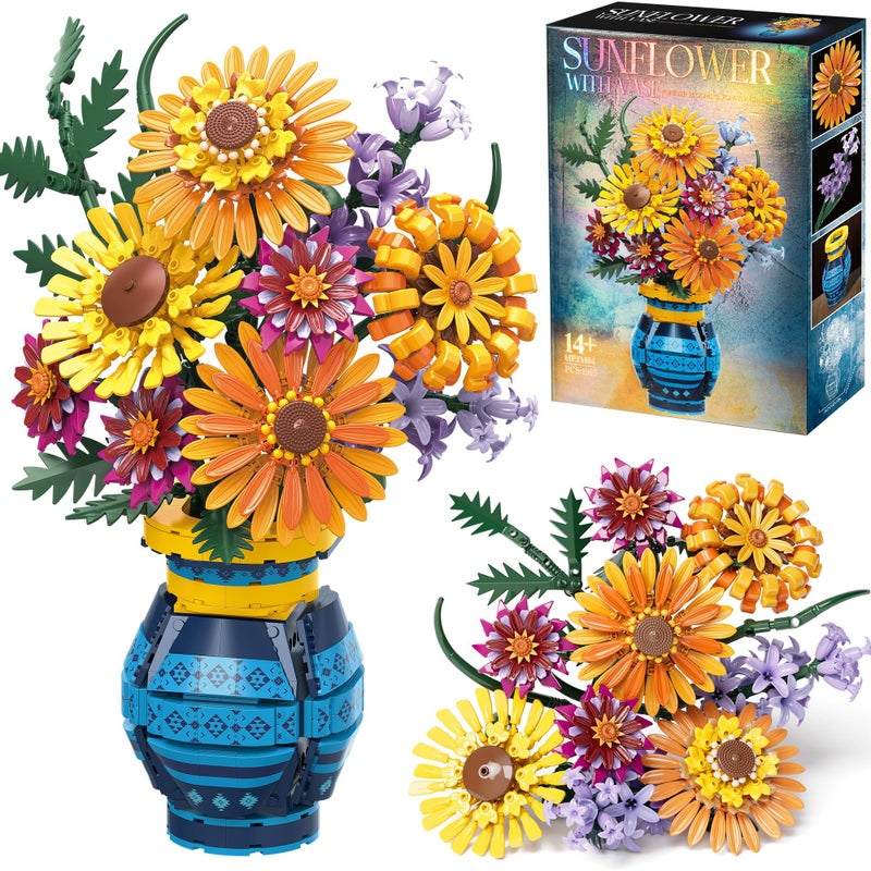 Asoulin Flower Bouquet Building Blocks Set with Vase Mothers Day Mom Grandma Gifts 1065PCS Artificial Sunflower Botanical Nurse Teacher Appreciation Birthday Gifts for Wife Women Her Him Teen Girls Adults - Image 3