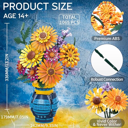 Asoulin Flower Bouquet Building Blocks Set with Vase Mothers Day Mom Grandma Gifts 1065PCS Artificial Sunflower Botanical Nurse Teacher Appreciation Birthday Gifts for Wife Women Her Him Teen Girls Adults - Image 5
