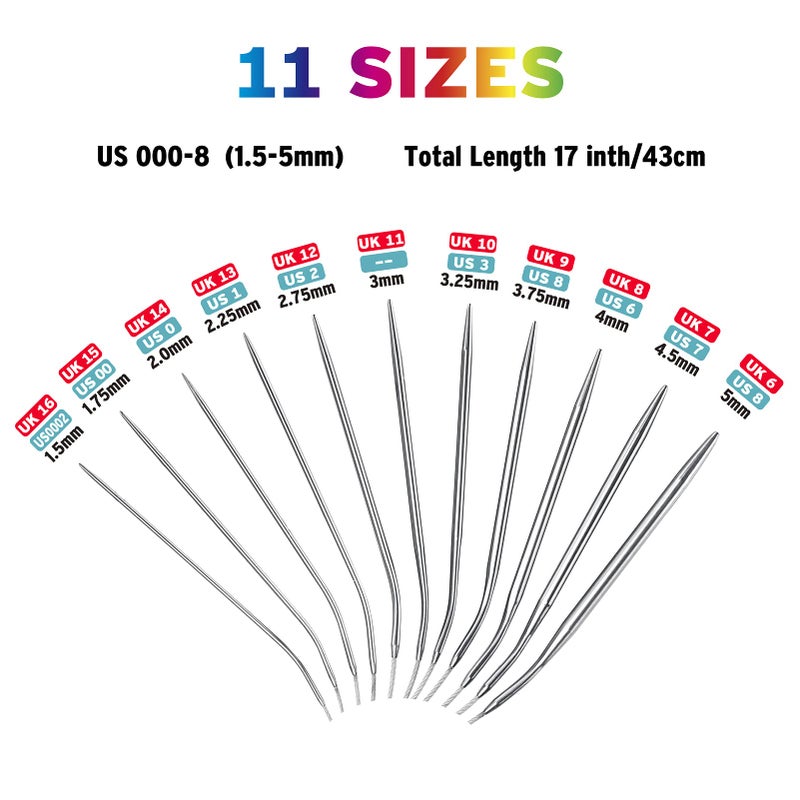 Coowayze 16 Inch Circular Knitting Needles Set, Stainless Steel Round Knitting Needles,11 Pack Sizes 1.5-5mm Metal Circle Knit Needle with Magic Loop for Socks, Knit Tools Set for Beginners - Image 2