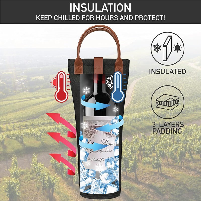 OPUX Wine Bag Single Bottle Carrier Tote, Insulated Travel Wine Cooler Bag for Picnic Beach Gift, Thermal Padded Portable One Bottle Holder Carrying Case for Women Men Wine Lovers, Black - Image 2