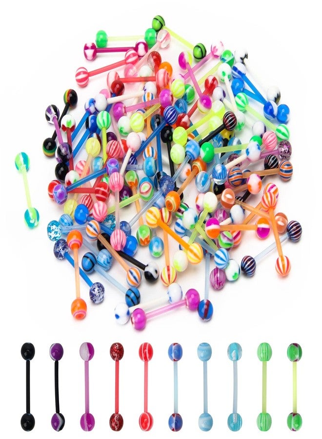 CrazyPiercing 100Pcs 14G Acrylic Tongue Rings, Multi Color Assortment Flexible Tongue Rings Barbells Mix Piercing - Image 1