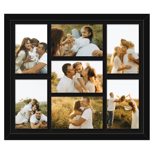HEYTUYA 4x6 Picture Frame Collage for Wall, Display 7 Pcs 4x6 Photos with Mat or 12x14 Without Mat, 7 Opening Photo Frame for 4 x 6 Pictures with Shatter Resistant Plexiglass, Black Mat, Black - Image 1