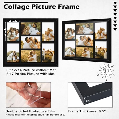 HEYTUYA 4x6 Picture Frame Collage for Wall, Display 7 Pcs 4x6 Photos with Mat or 12x14 Without Mat, 7 Opening Photo Frame for 4 x 6 Pictures with Shatter Resistant Plexiglass, Black Mat, Black - Image 2