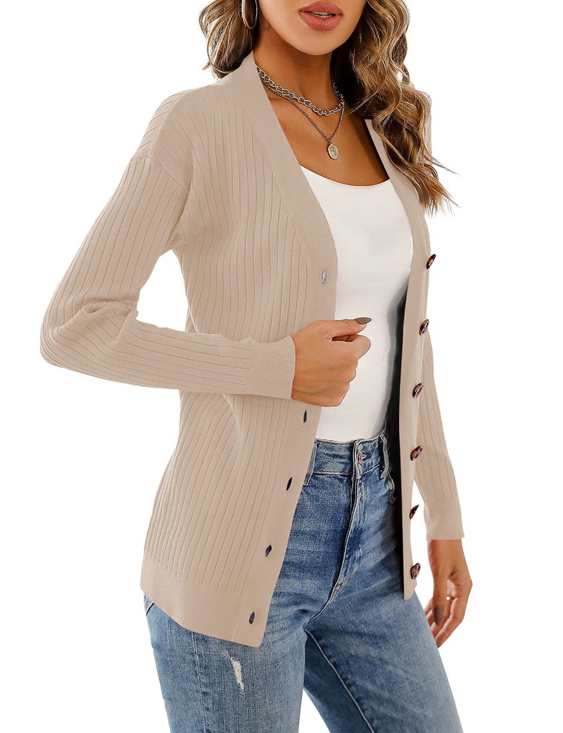 LIENRIDY Women's Long Sleeve Button Down V Neck Classic Sweater Knit Cardigan, Camel Heather, L - Image 3