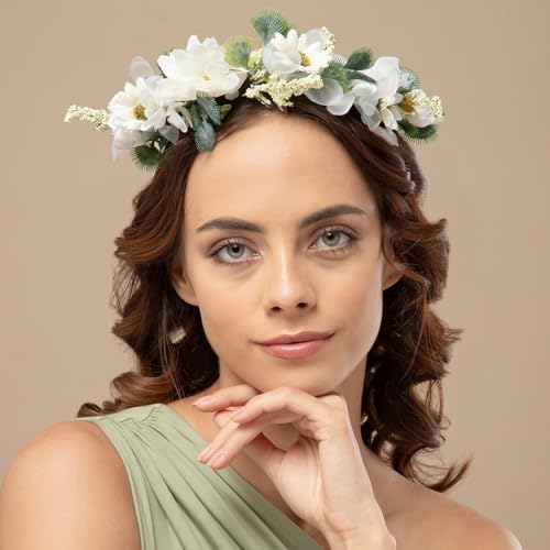 Radhu & Kabby White Daisy Floral Hair Tiara for Women | Artificial Flower Crown with Ribbon Tie | Elegant Headpiece for Weddings, Photoshoots, Festivals & Celebrations | Lightweight | 1 Pc - Image 3