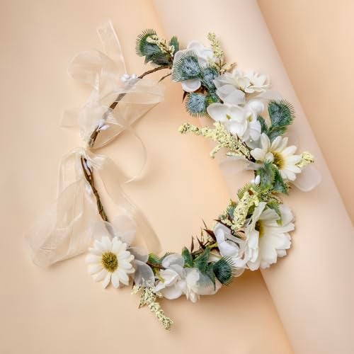 Radhu & Kabby White Daisy Floral Hair Tiara for Women | Artificial Flower Crown with Ribbon Tie | Elegant Headpiece for Weddings, Photoshoots, Festivals & Celebrations | Lightweight | 1 Pc - Image 2