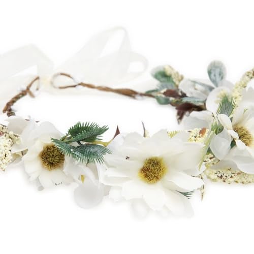 Radhu & Kabby White Daisy Floral Hair Tiara for Women | Artificial Flower Crown with Ribbon Tie | Elegant Headpiece for Weddings, Photoshoots, Festivals & Celebrations | Lightweight | 1 Pc - Image 5