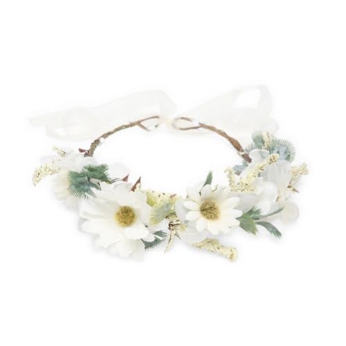 Radhu & Kabby White Daisy Floral Hair Tiara for Women | Artificial Flower Crown with Ribbon Tie | Elegant Headpiece for Weddings, Photoshoots, Festivals & Celebrations | Lightweight | 1 Pc - Image 1